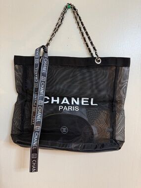 GWP CHANEL Black Mesh Logo Tote with Chain-Strap Silver Tone color